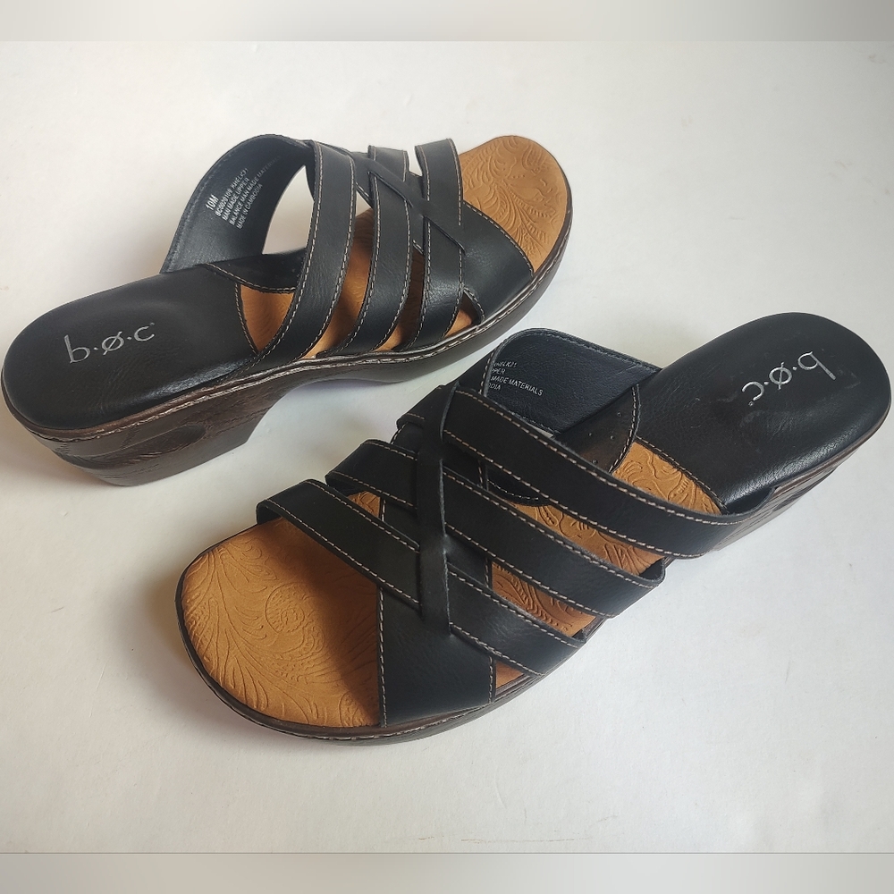 Boc By Born Slides Leather Strappy Black Mules Wedge Sandals Shoes Women's 10
